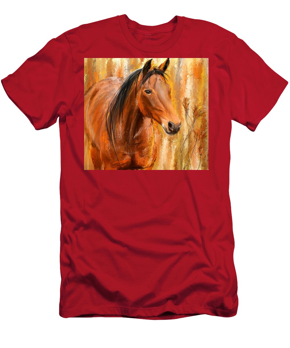 Bay Horse Paintings T-Shirt featuring the painting Standing Regally- Bay Horse Paintings by Lourry Legarde