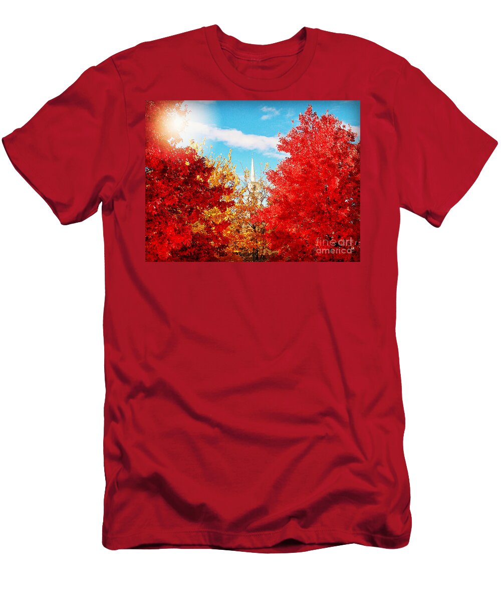 Nature T-Shirt featuring the photograph Steeple with Red and Yellow Autumn Trees by Miriam Danar
