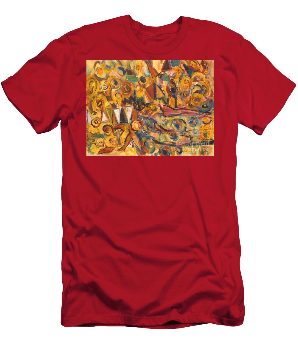 Land Scape T-Shirt featuring the painting Sun- Bathing Among Yellow Roses by Fereshteh Stoecklein