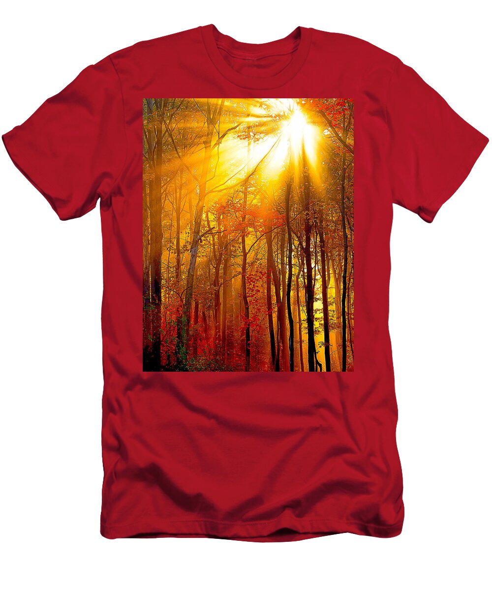 Sunburst T-Shirt featuring the photograph Sunburst In The Forest by Randall Branham