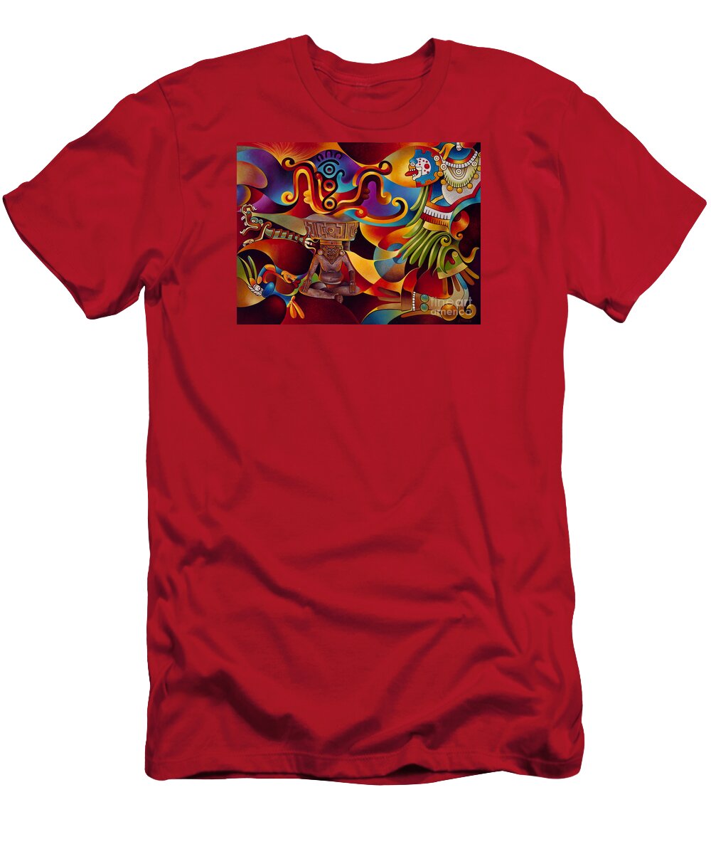 Aztec T-Shirt featuring the painting Tapestry of Gods - Huehueteotl by Ricardo Chavez-Mendez