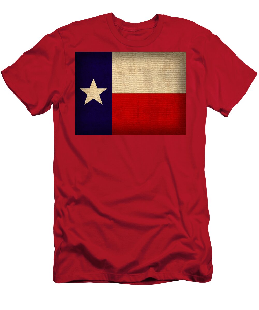 Texas State Flag Lone Star State Art On Worn Canvas T-Shirt featuring the mixed media Texas State Flag Lone Star State Art on Worn Canvas by Design Turnpike