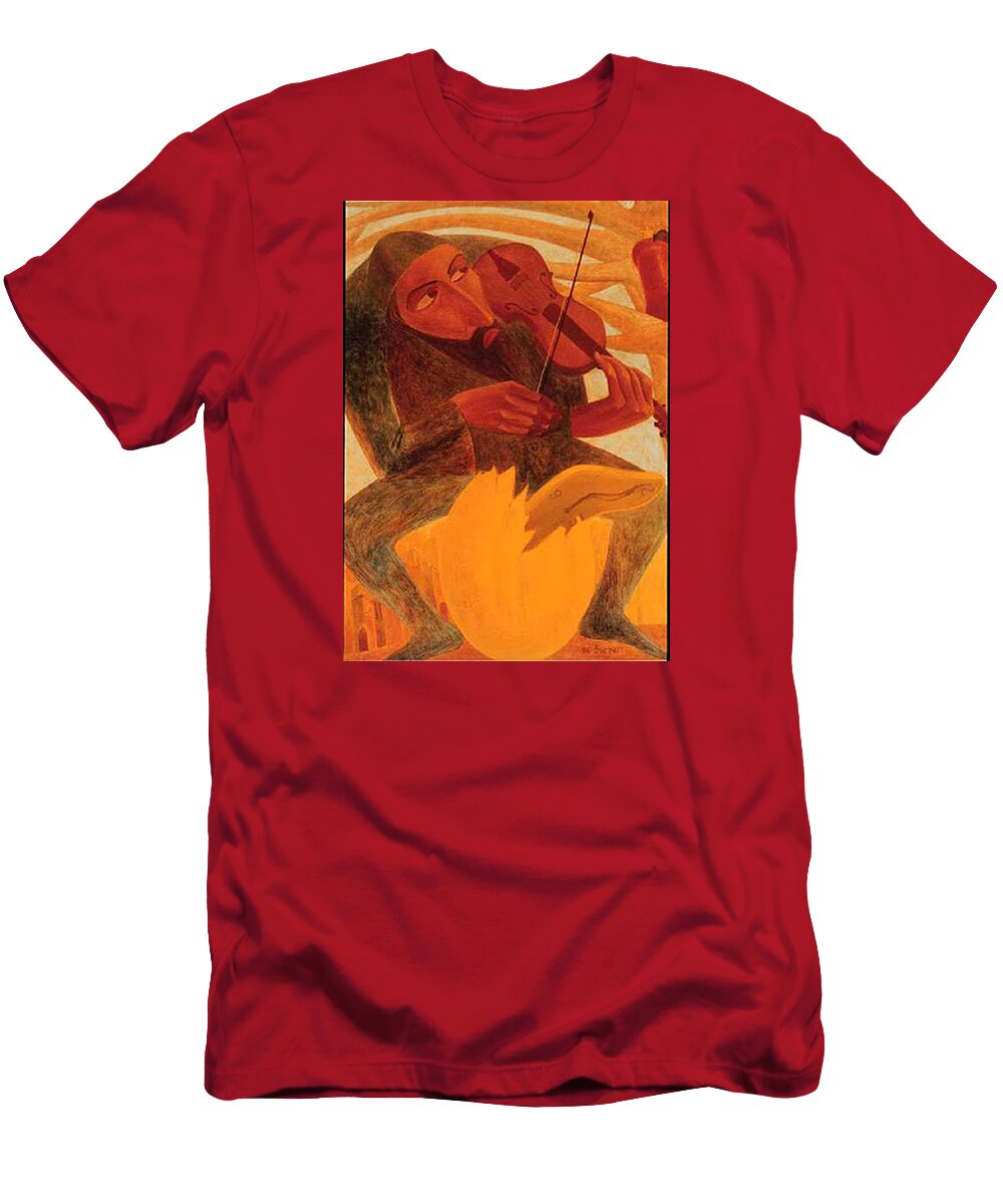 The Man And Mouse T-Shirt featuring the painting The Man and Mouse by Israel Tsvaygenbaum