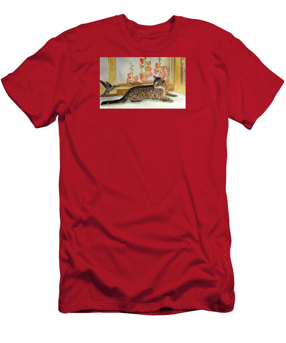 Cat T-Shirt featuring the painting The Visitor by Angela Davies