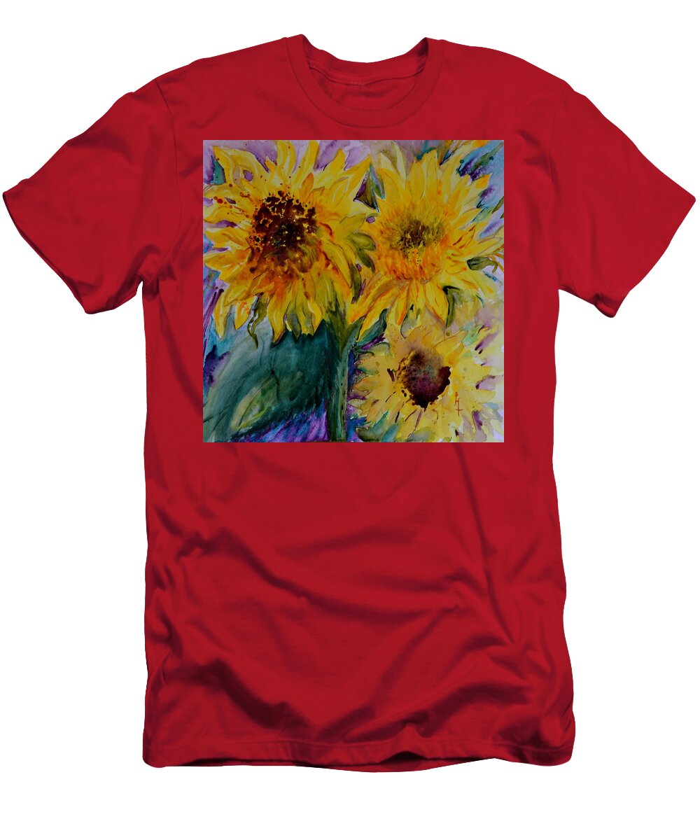 Sunflowers T-Shirt featuring the painting Three Sunflowers by Beverley Harper Tinsley