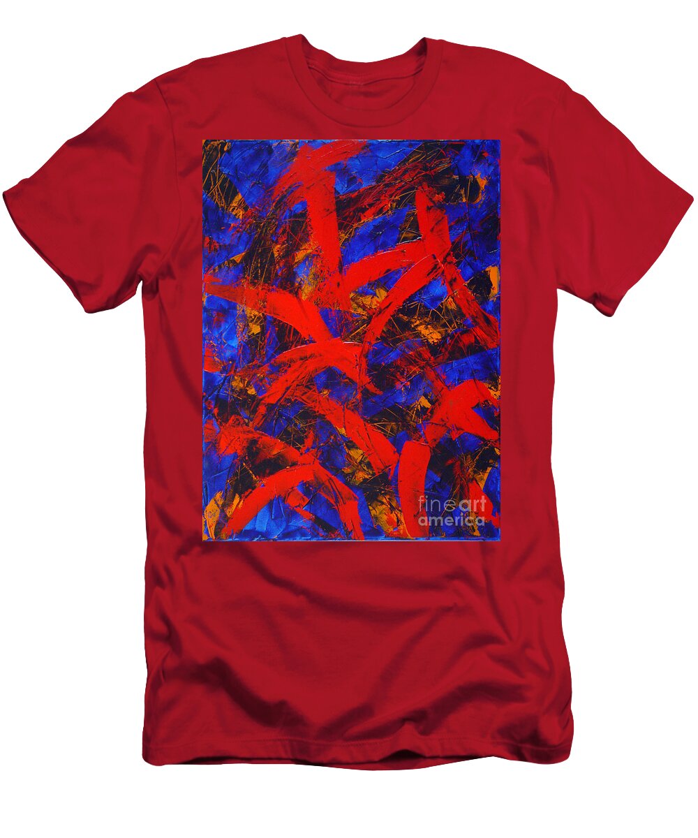 Blue T-Shirt featuring the painting Transitions with Blue and Red by Dean Triolo