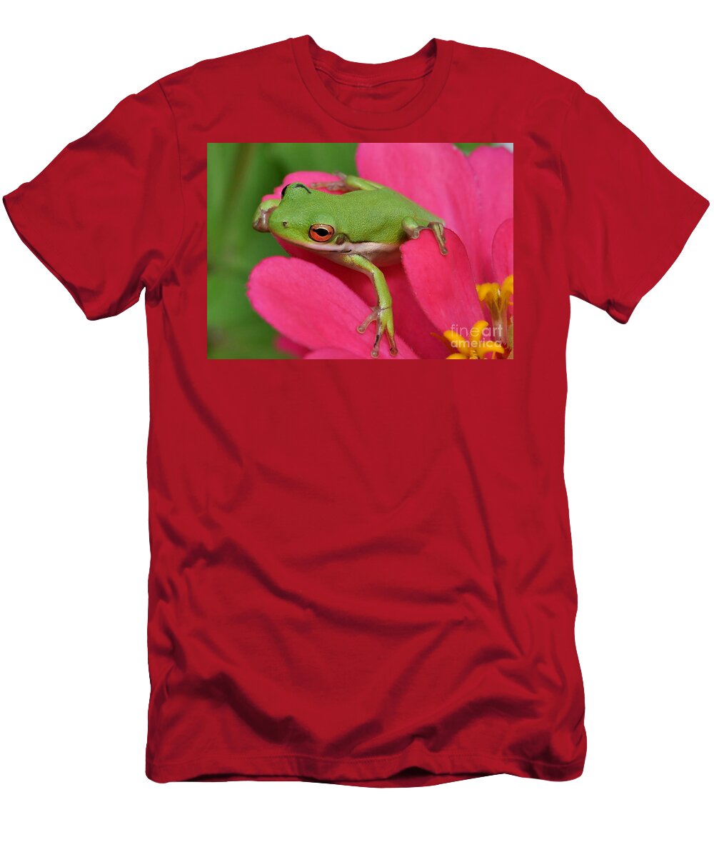 Frog T-Shirt featuring the photograph Tree Frog On A Pink Flower by Kathy Baccari