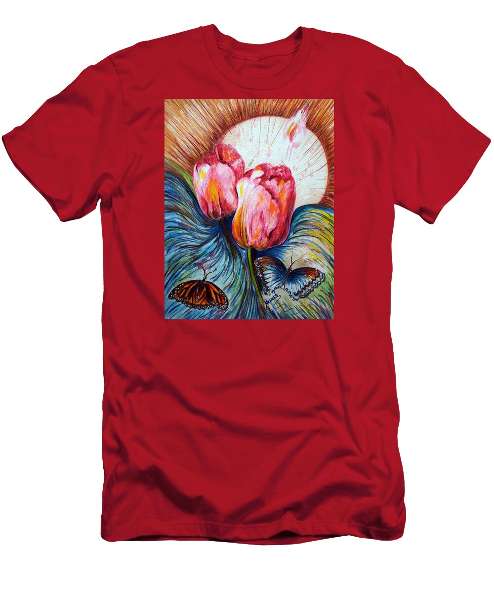 Tulips T-Shirt featuring the painting Tulips and butterflies by Harsh Malik