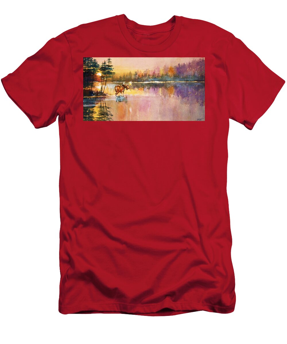 Moose T-Shirt featuring the painting Vigil in the Shallows at Sunrise by Al Brown