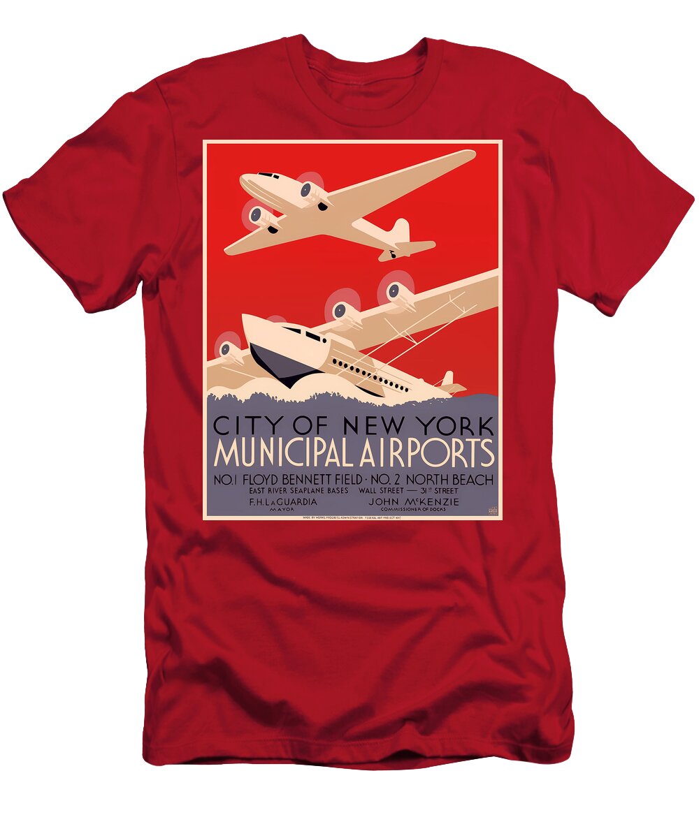 Poster T-Shirt featuring the drawing Vintage City of New York Municipal Airports Poster 1937 by Mountain Dreams