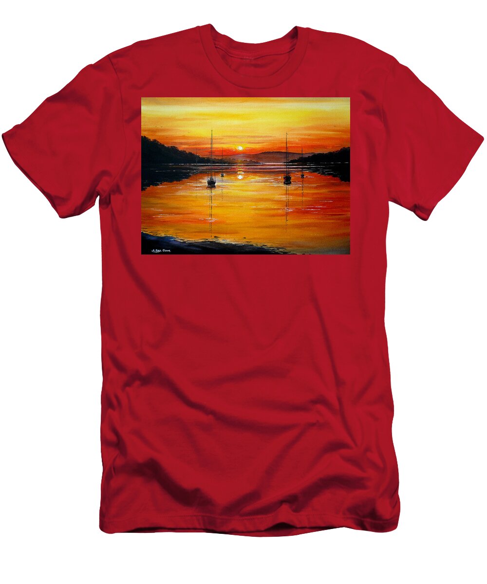 Yachts T-Shirt featuring the painting Watery Sunset at Bala lake by Andrew Read