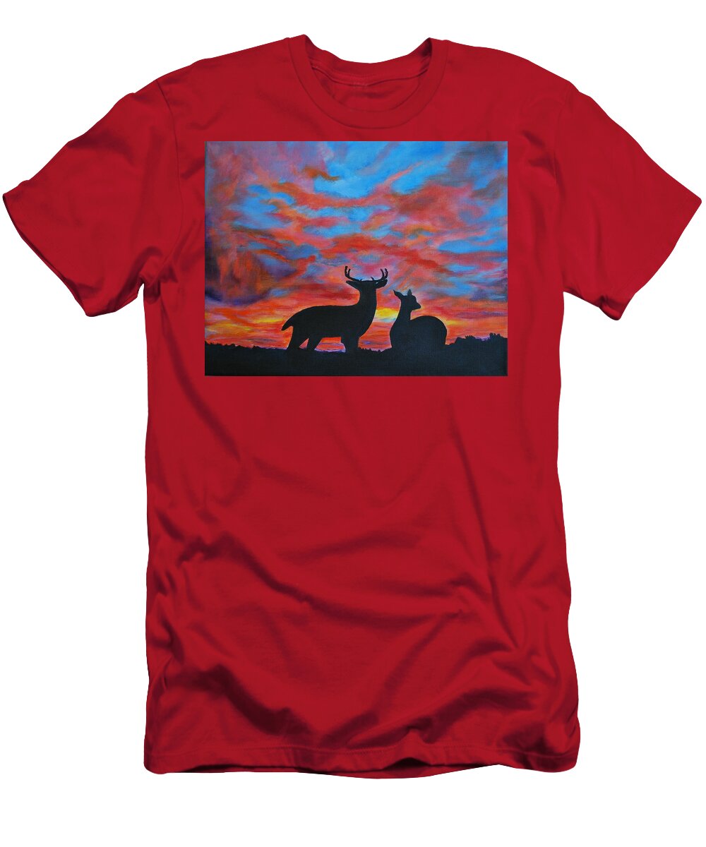 Buck Painting T-Shirt featuring the painting Buck and Doe by Leslie Allen