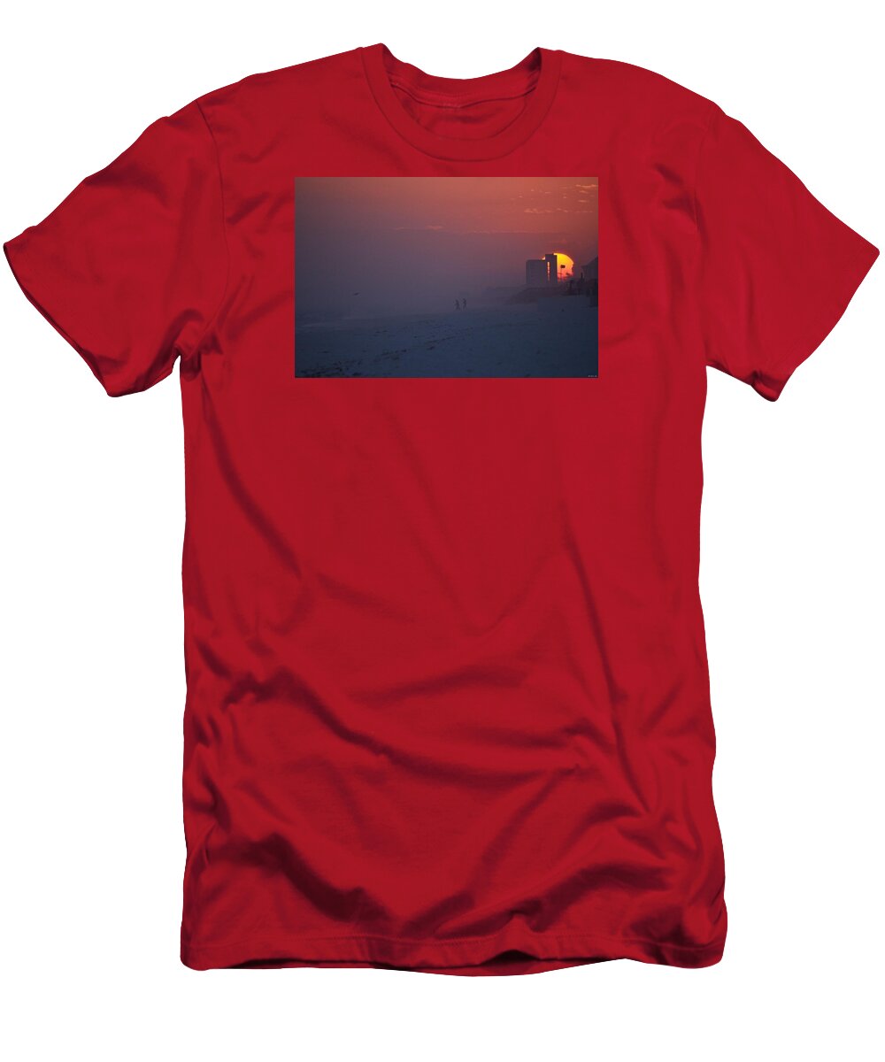 20120229 Cloudy T-Shirt featuring the photograph 0229 Red Orange Sunset Ball Behind Navarre Beach Condo by Jeff at JSJ Photography