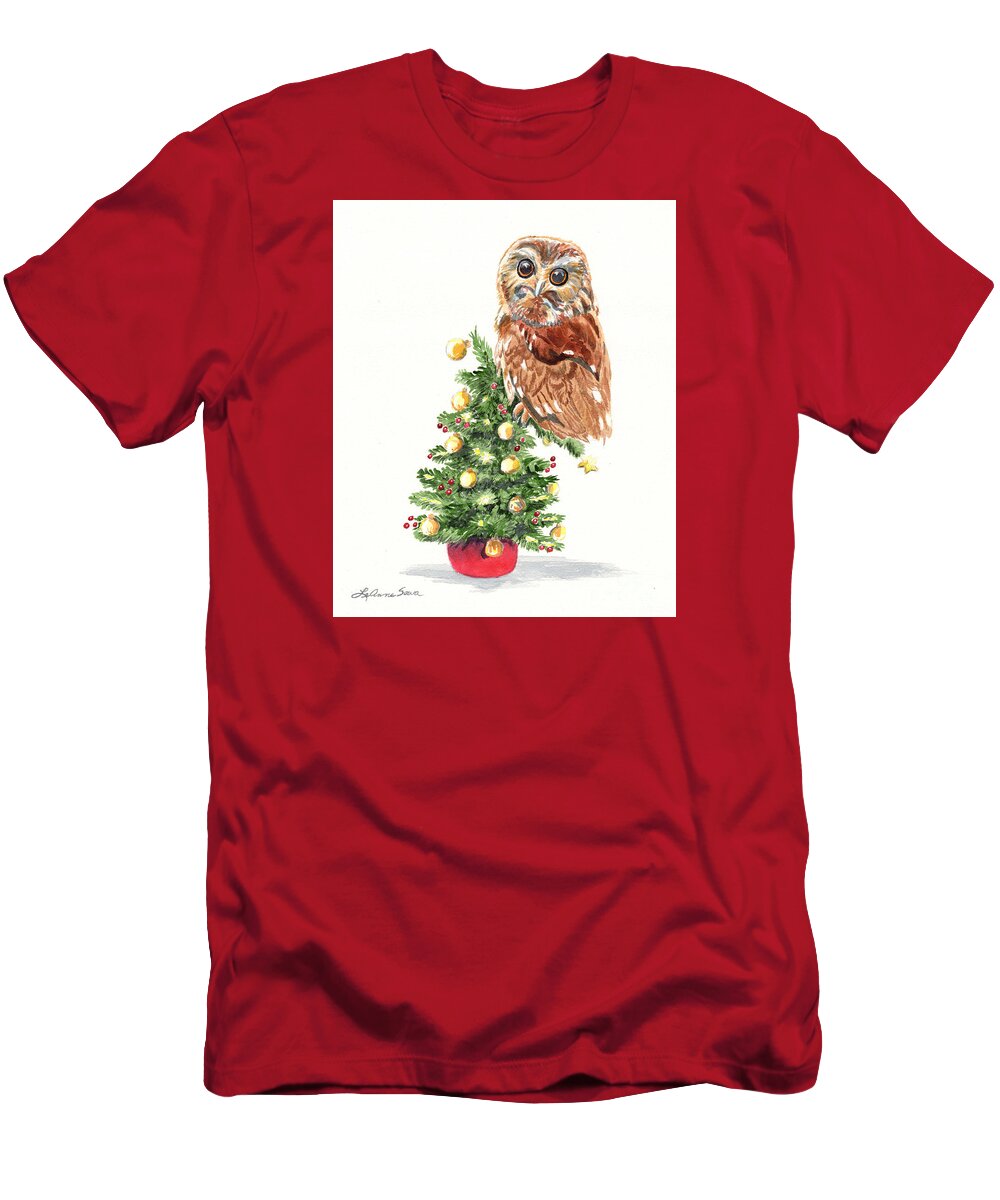Christmas T-Shirt featuring the painting Christmas Owl #1 by LeAnne Sowa