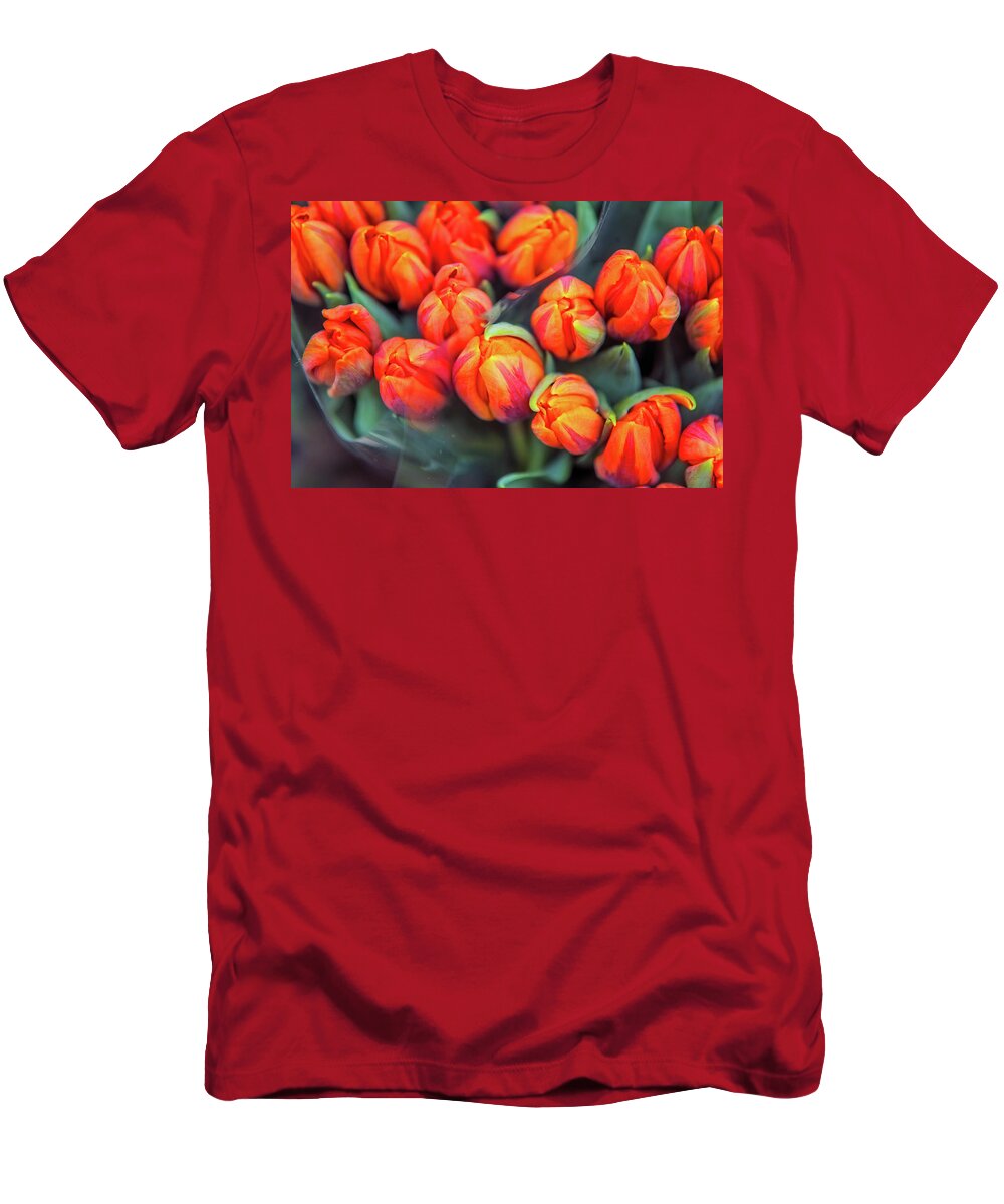 Jenny Raibow Fine Art Photography T-Shirt featuring the photograph Dutch Orange Tulips #2 by Jenny Rainbow