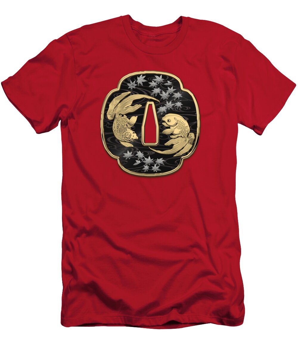 'treasures Of Japan' Collection By Serge Averbukh T-Shirt featuring the photograph Japanese Katana Tsuba - Twin Gold Fish on Black Steel over Red Velvet by Serge Averbukh