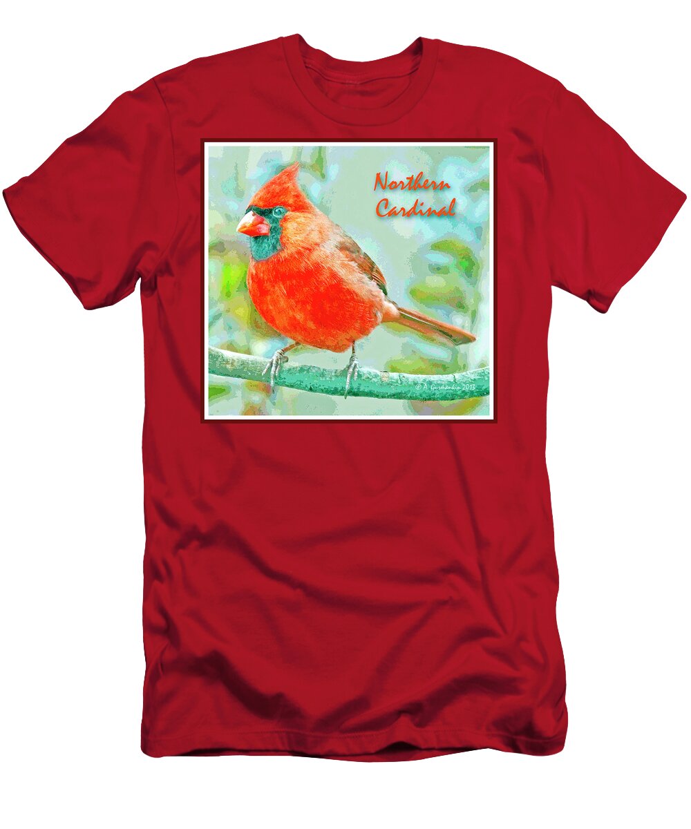 Cardinal T-Shirt featuring the digital art Male Cardinal on Tree Branch by A Macarthur Gurmankin