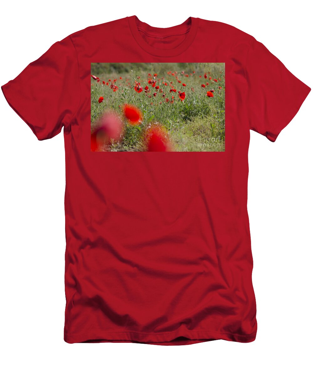 Poppy T-Shirt featuring the photograph Poppies in field in spring #1 by Perry Van Munster