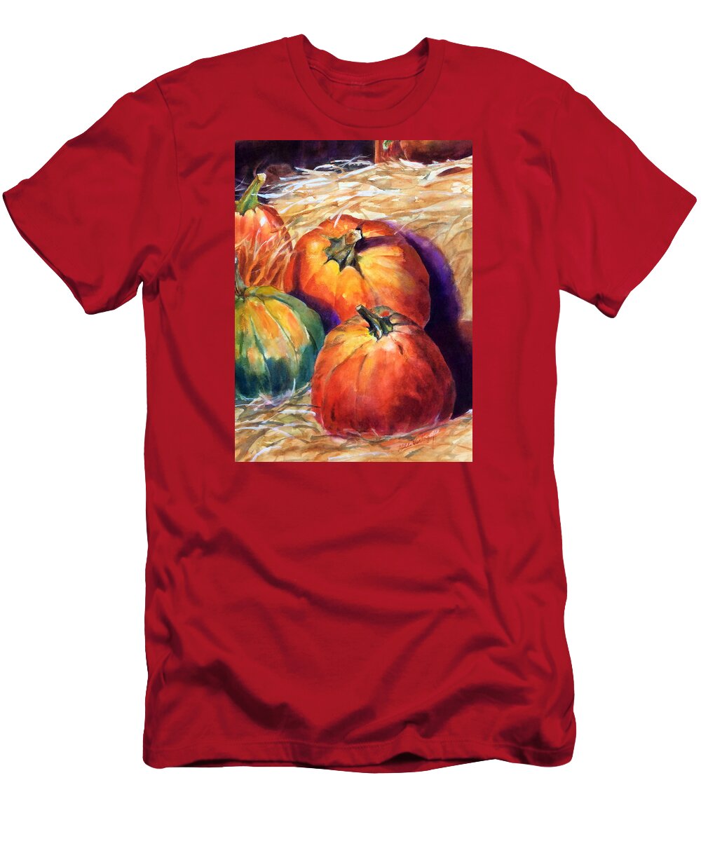 Pumpkins T-Shirt featuring the painting Pumpkins In Barn #2 by Hilda Vandergriff