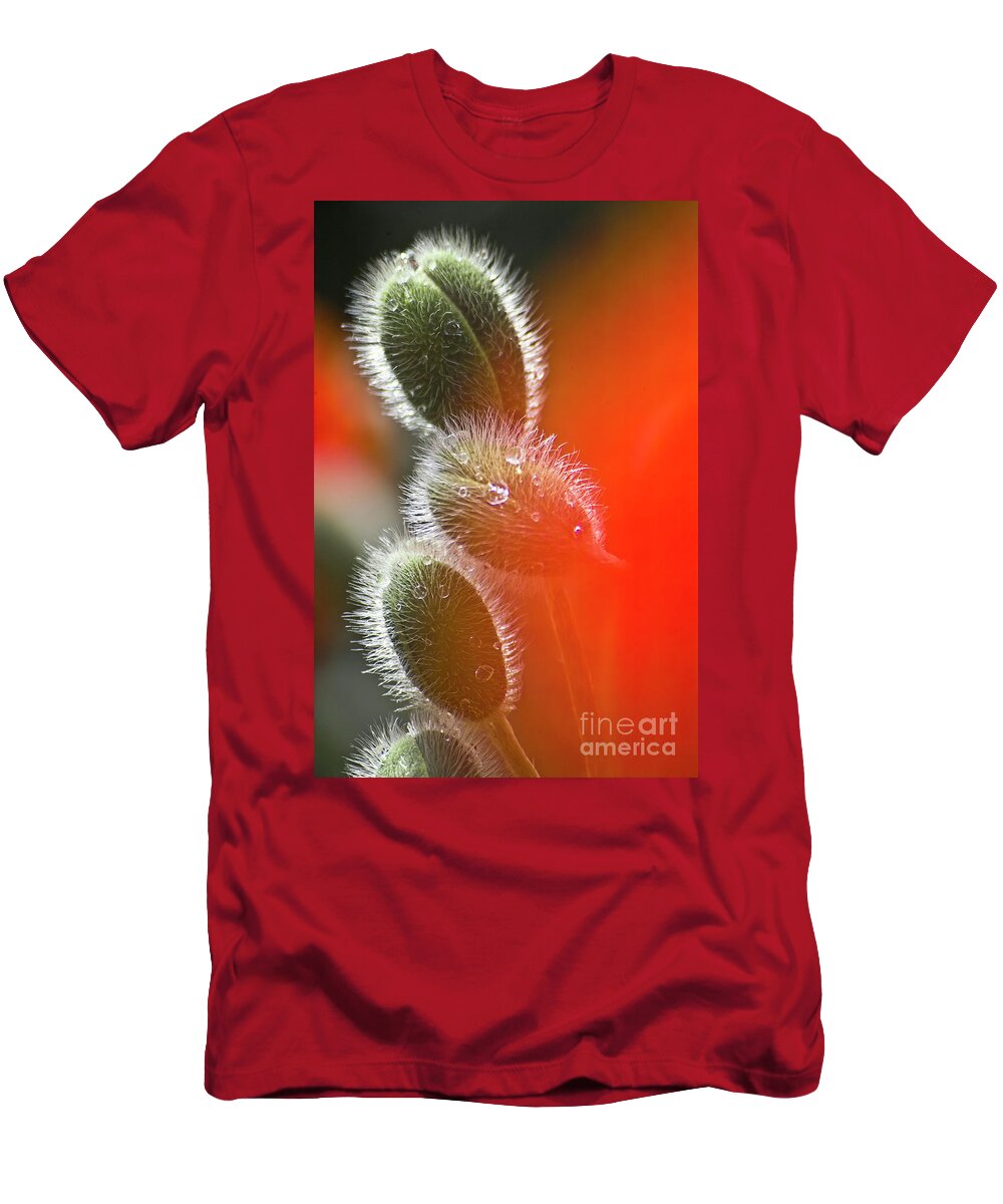 Poppy T-Shirt featuring the photograph Red Corn Poppy Bud and Red Dots #1 by Heiko Koehrer-Wagner