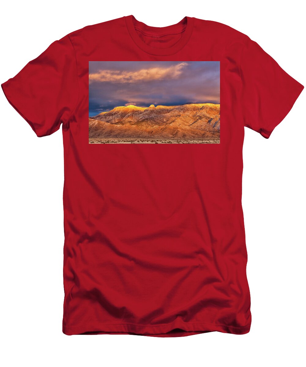 Sandia Crest T-Shirt featuring the photograph Sandia Crest Stormy Sunset #1 by Alan Vance Ley