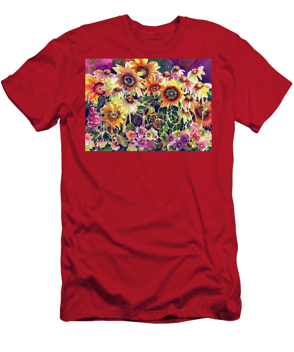 Watercolor T-Shirt featuring the painting Sunflower Garden #1 by Ann Nicholson
