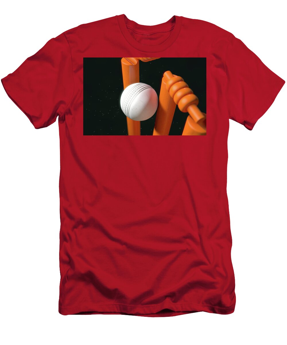 Action T-Shirt featuring the digital art Cricket Ball Hitting Wickets #15 by Allan Swart