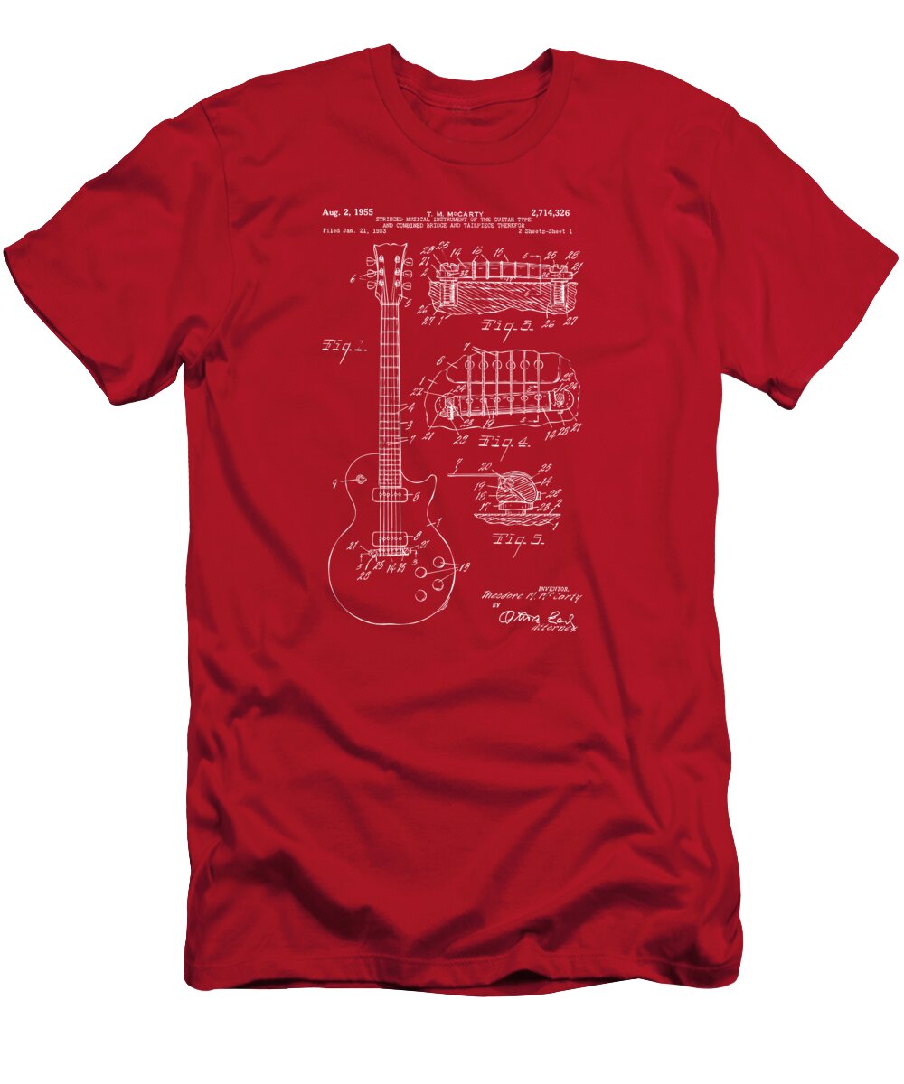 Guitar T-Shirt featuring the digital art 1955 McCarty Gibson Les Paul Guitar Patent Artwork Red by Nikki Marie Smith