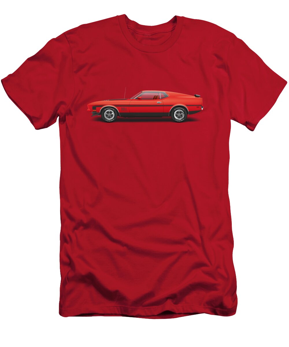 1970 T-Shirt featuring the digital art 1971 Ford Mustang 351 Mach 1 - Bright Red by Ed Jackson
