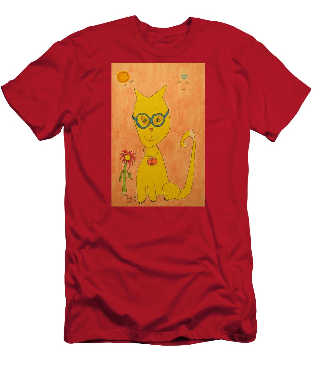 Hagood T-Shirt featuring the painting Yellow Cat With Glasses by Lew Hagood