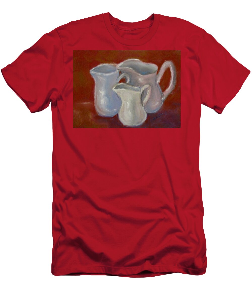 Pitchers T-Shirt featuring the pastel 3 White Cream Pitchers by Barbara O'Toole