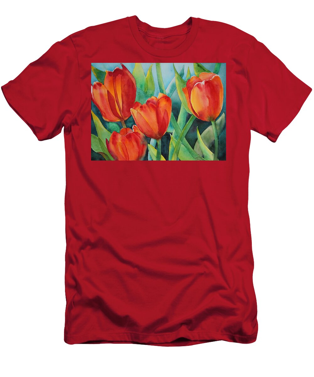 Red Flowers T-Shirt featuring the painting 4 Red Tulips by Ruth Kamenev