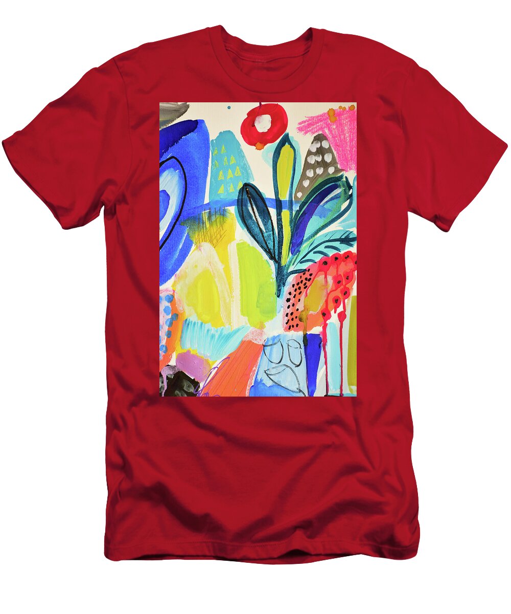Art T-Shirt featuring the painting Abstract jungle and wild flowers by Amara Dacer