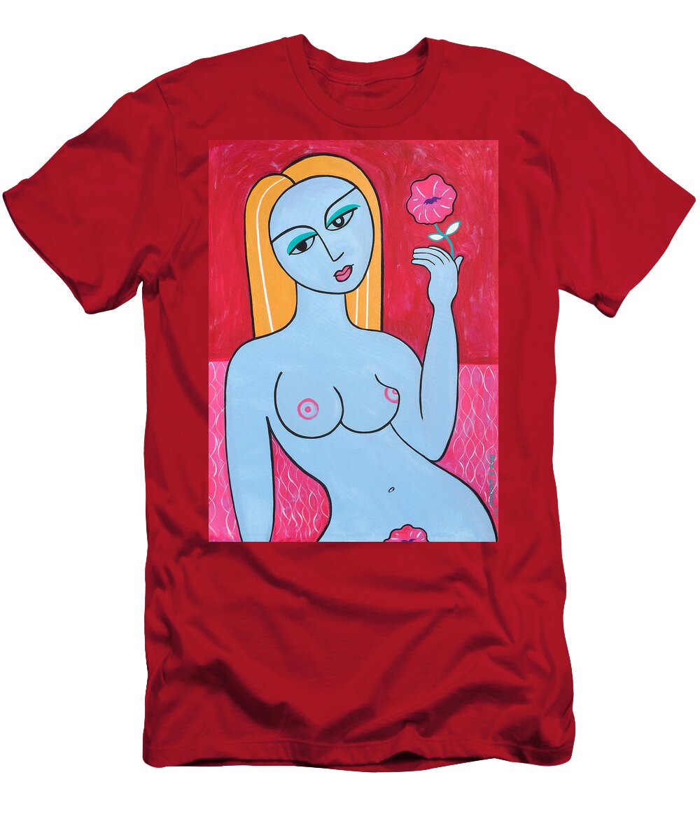 Girl T-Shirt featuring the painting Abstract Nude Woman Girl Pop Art Painting Flower by Robert R Splashy Art Abstract Paintings
