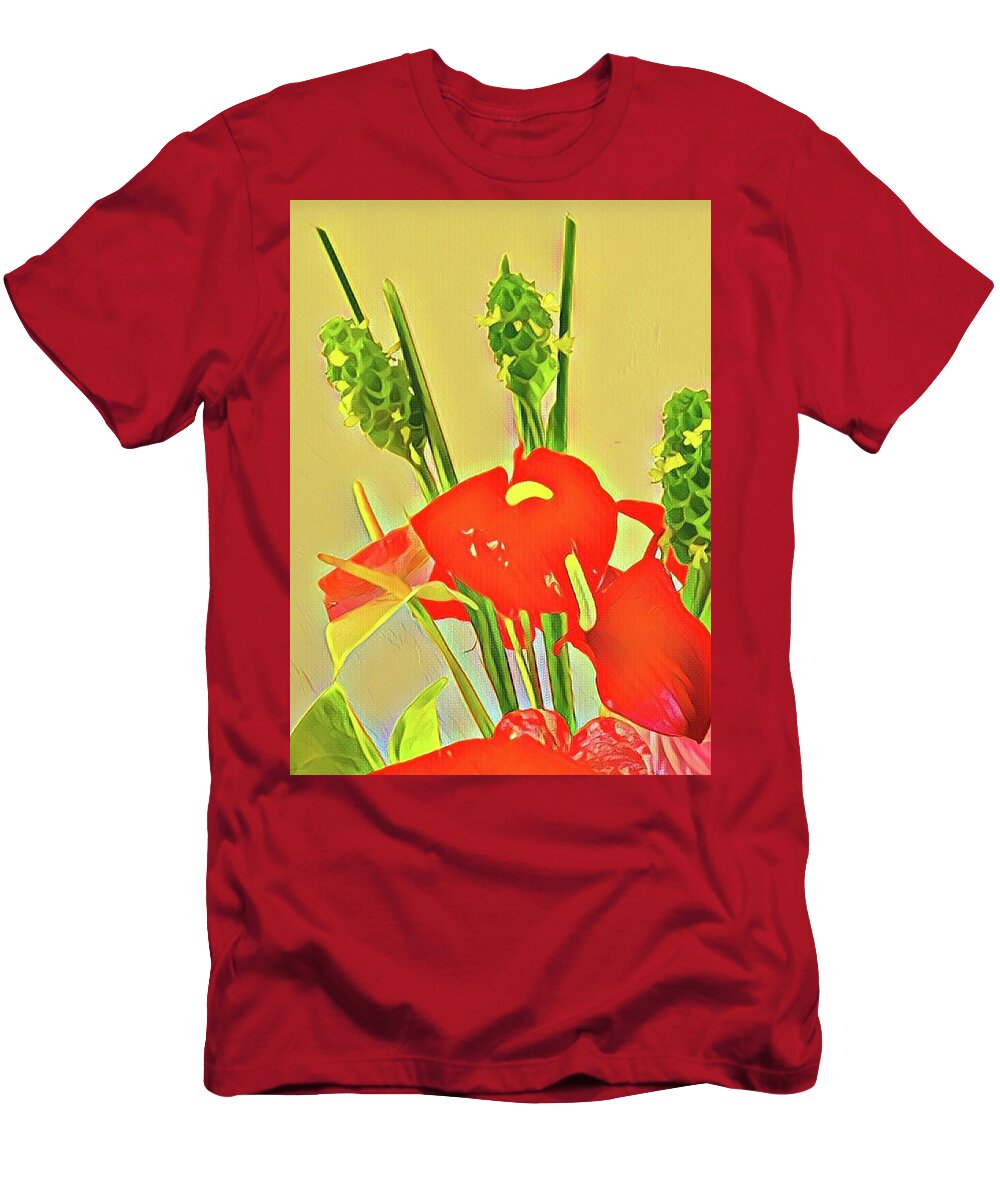 #alohabouquetoftheday #flowersofaloha #anthuriums #redandgreen T-Shirt featuring the photograph Aloha Bouquet of the Day -- Red Anthuriums with Green Ginger, a portion by Joalene Young
