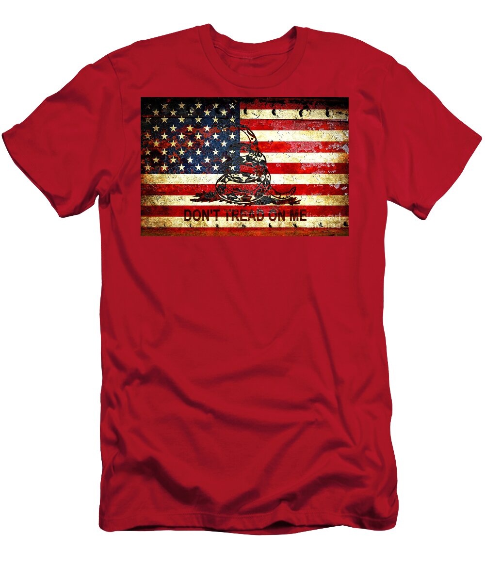 Snake T-Shirt featuring the digital art American Flag And Viper On Rusted Metal Door - Don't Tread on Me by M L C
