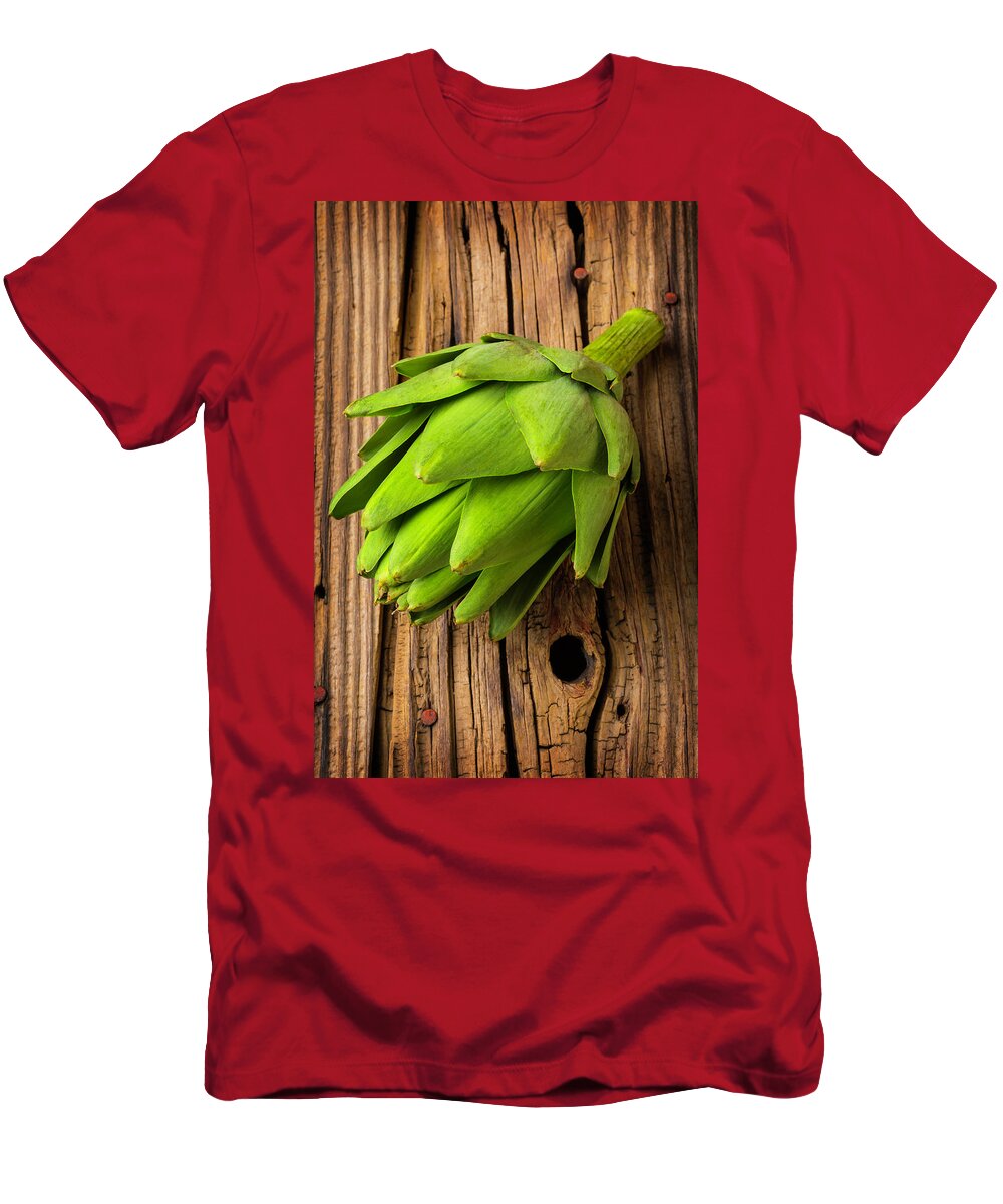 Artichoke T-Shirt featuring the photograph Artichoke On Old Wooden Board by Garry Gay