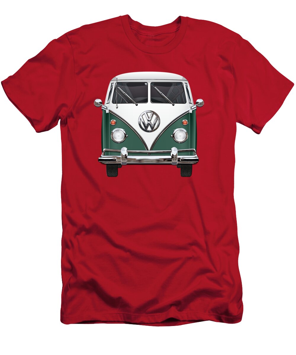 'volkswagen Type 2' Collection By Serge Averbukh T-Shirt featuring the photograph Volkswagen Type 2 - Green and White Volkswagen T 1 Samba Bus over Red Canvas by Serge Averbukh