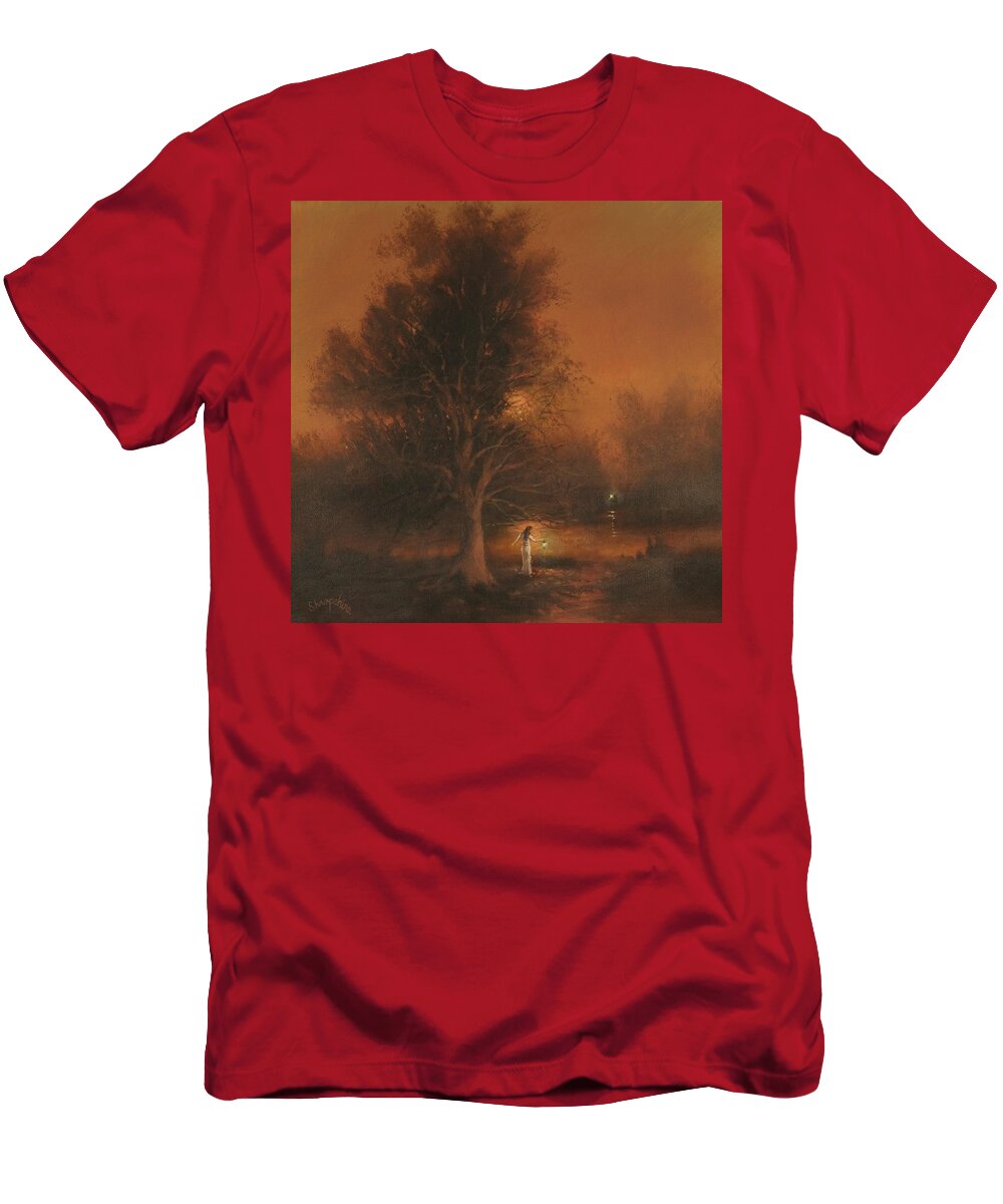 Twilight; Moody Landscape; Woman With Lantern; Tom Shropshire Painting; Atmospheric Landscape T-Shirt featuring the painting Assignation by Tom Shropshire
