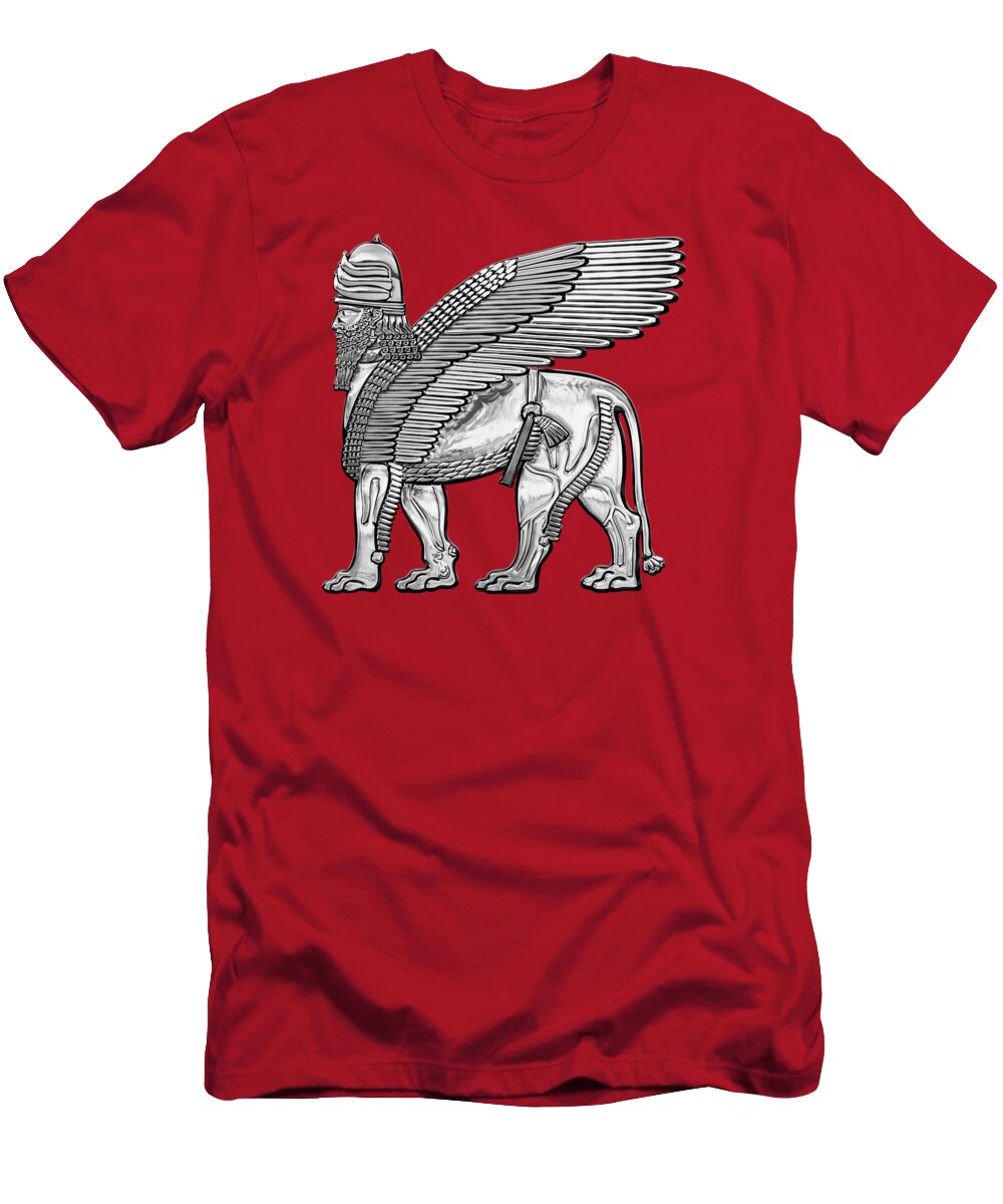 ‘treasures Of Mesopotamia’ Collection By Serge Averbukh T-Shirt featuring the digital art Assyrian Winged Lion - Silver Lamassu over Red Canvas by Serge Averbukh
