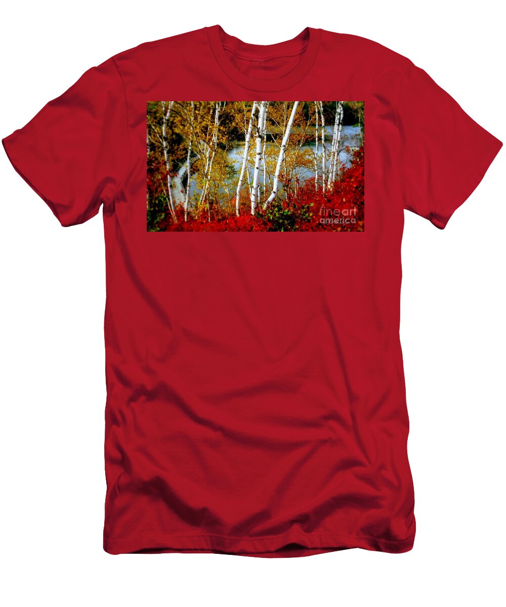 Autumn T-Shirt featuring the photograph Autumn Birch Lake View by Pat Davidson
