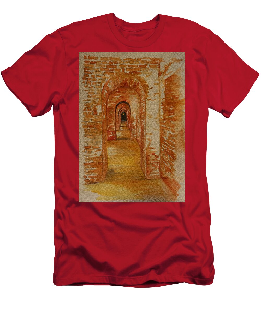 Brick T-Shirt featuring the painting Beyond The Black Door by Julie Lueders 