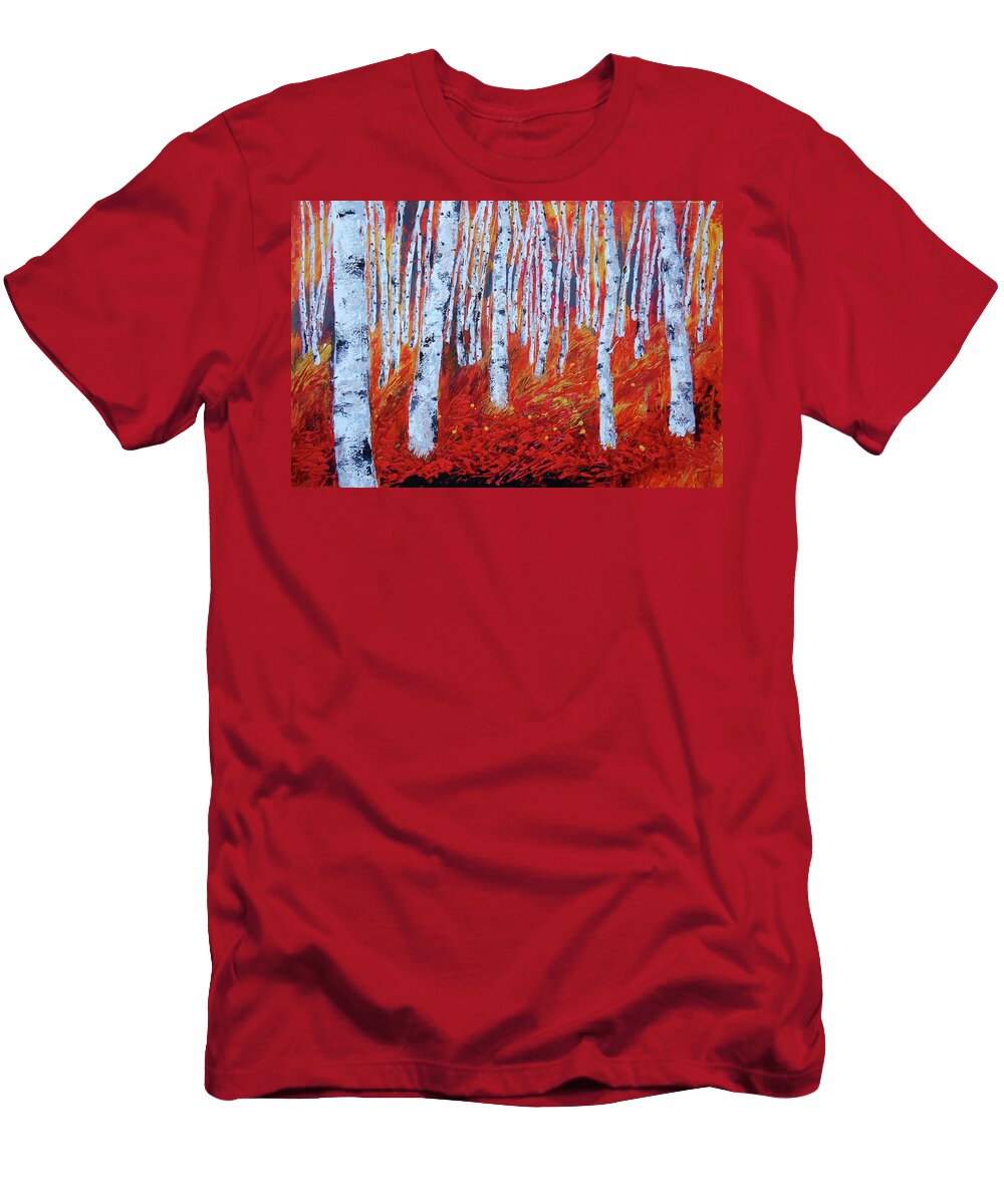 Birch Tree Landscape Forest Woods Fall Autumn Bright Colours T-Shirt featuring the painting Birch in Gold by Leon Zernitsky