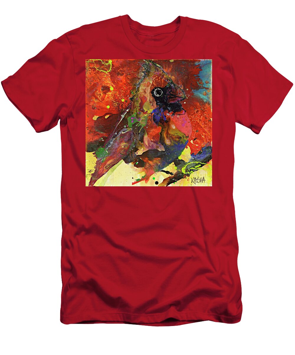 Red Cardinal T-Shirt featuring the painting Bird Is The Word by Kasha Ritter