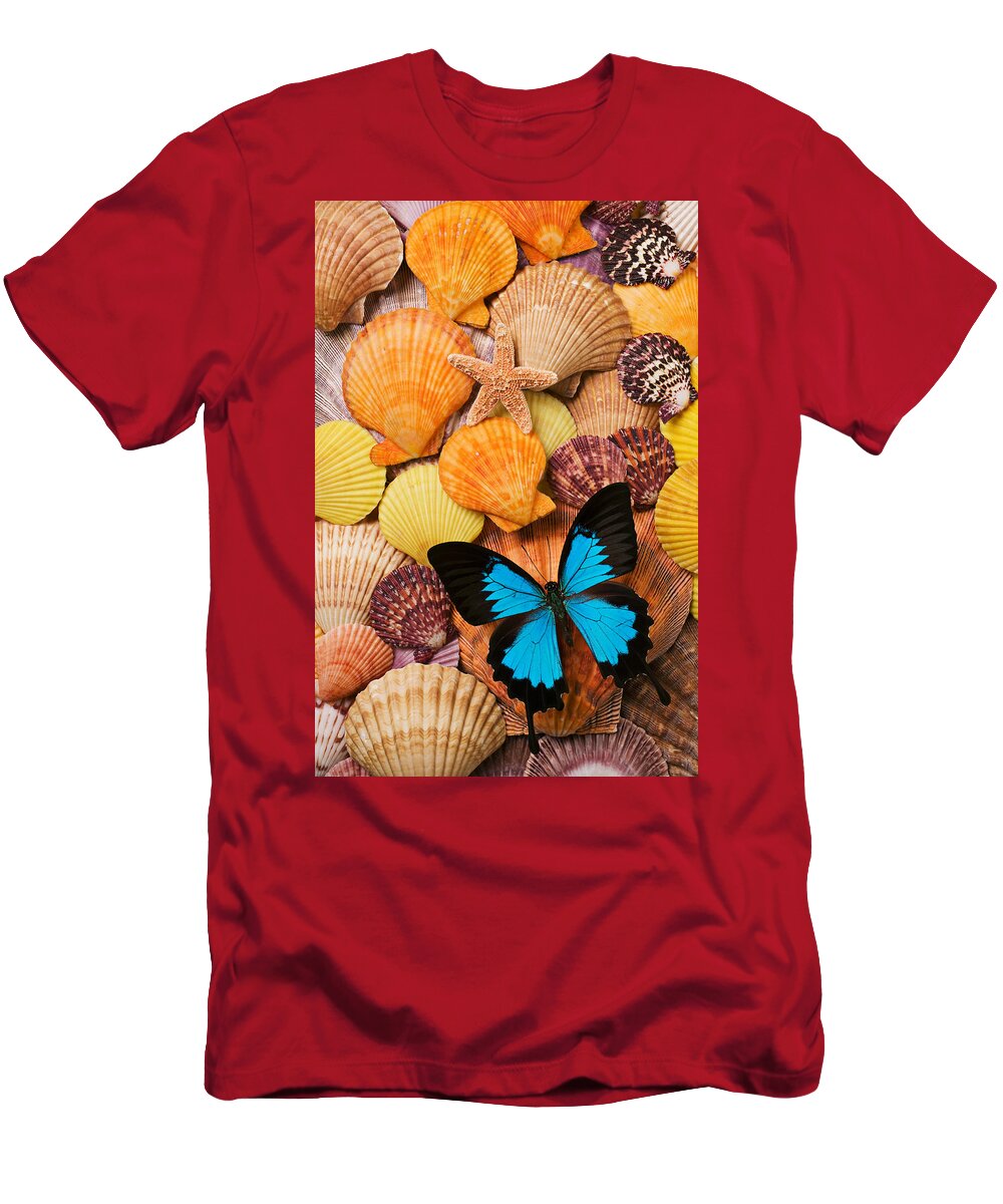 Butterfly T-Shirt featuring the photograph Blue butterfly and sea shells by Garry Gay