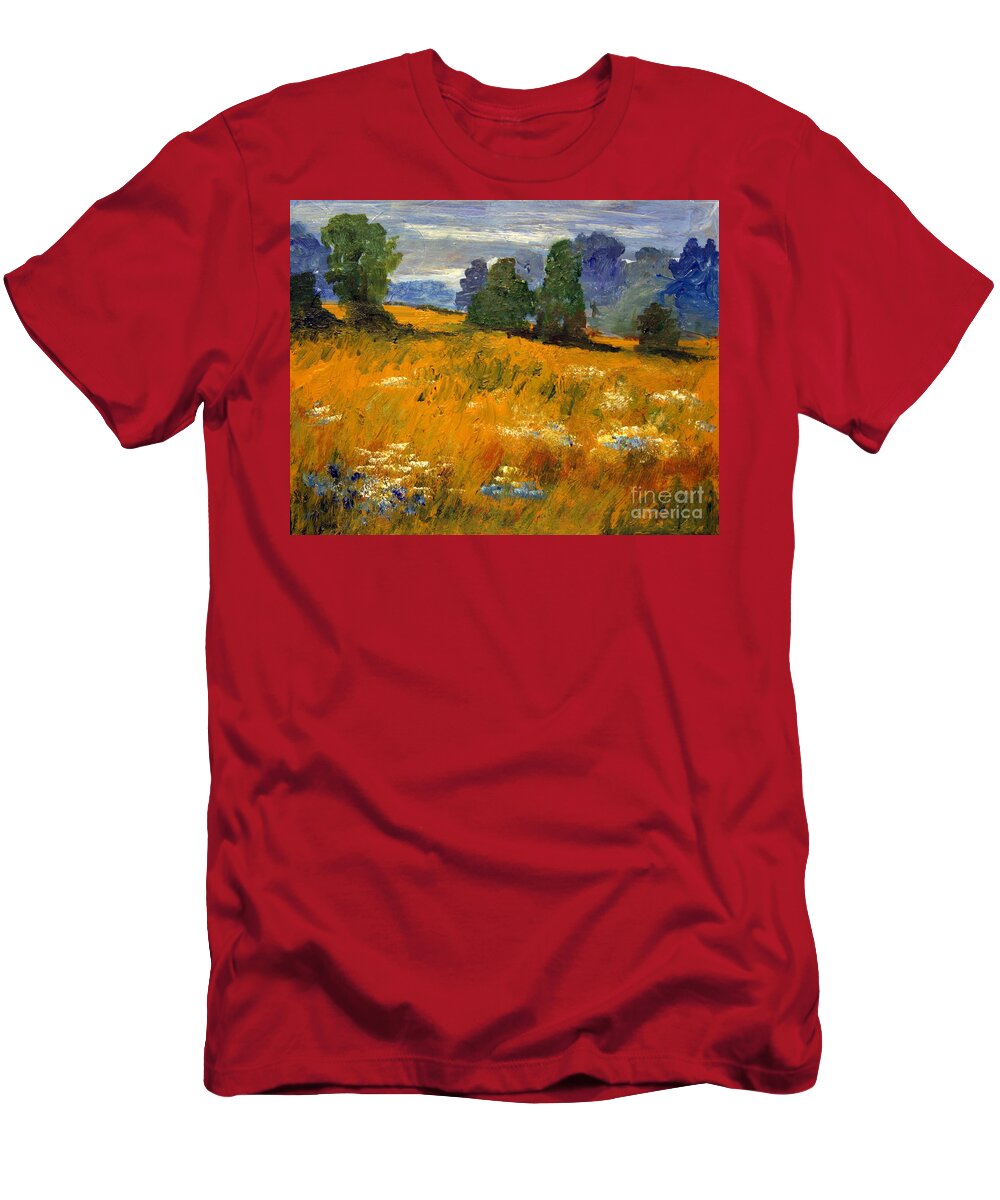 Paintings T-Shirt featuring the painting Blue Cornflowers on the Meadow by Julie Lueders 