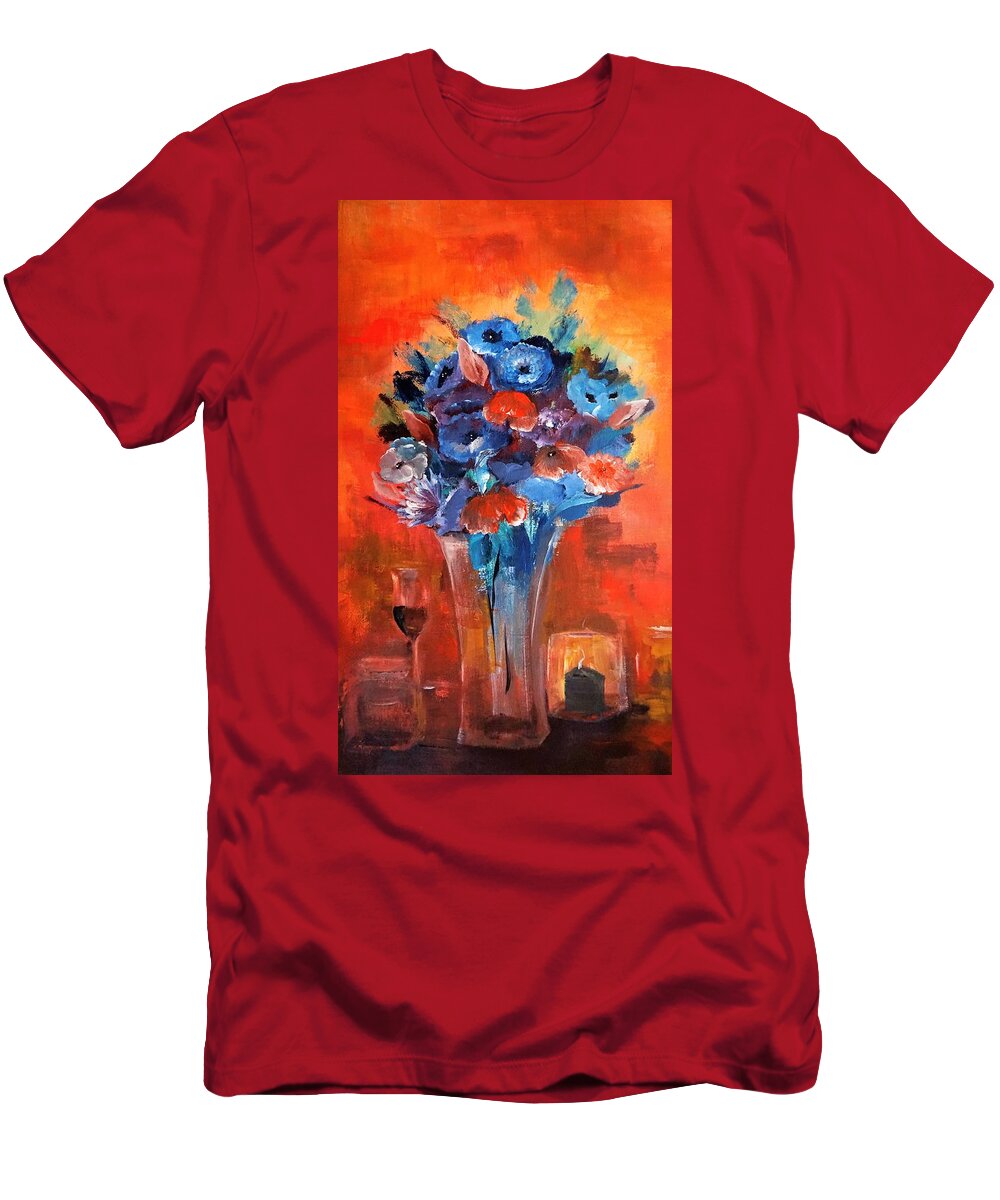 Blue T-Shirt featuring the painting Blue In The Warmth Of Candlelight by Lisa Kaiser