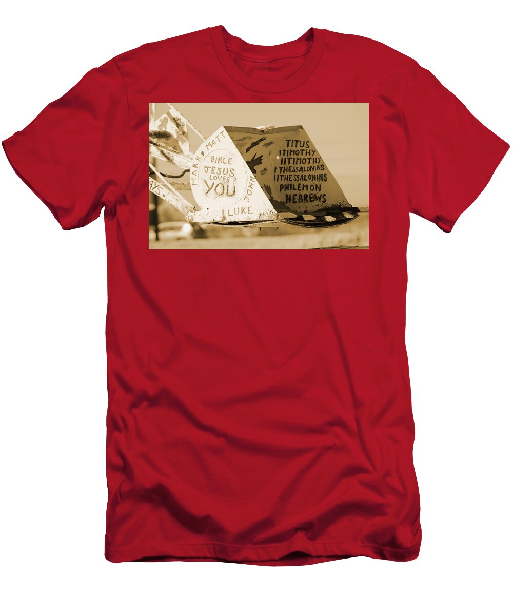Tractor Bucket T-Shirt featuring the photograph Bucket of Proclamation in Sepia by Colleen Cornelius