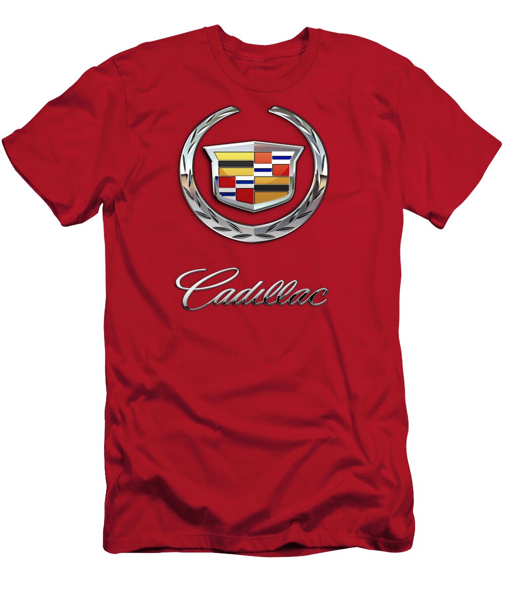 �wheels Of Fortune� Collection By Serge Averbukh T-Shirt featuring the photograph Cadillac - 3 D Badge on Red by Serge Averbukh