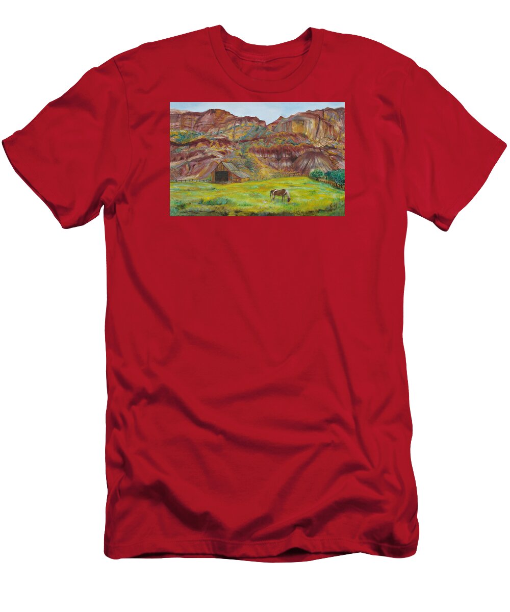 Mountains Out West T-Shirt featuring the painting Capital Reef Pasture by Kathy Knopp